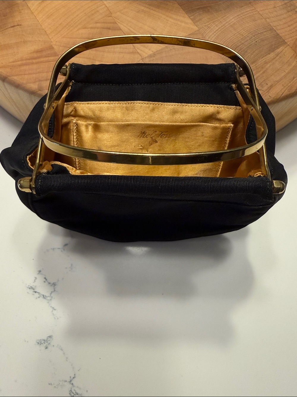 Classic Black Satin Wristlet with Gold Frame